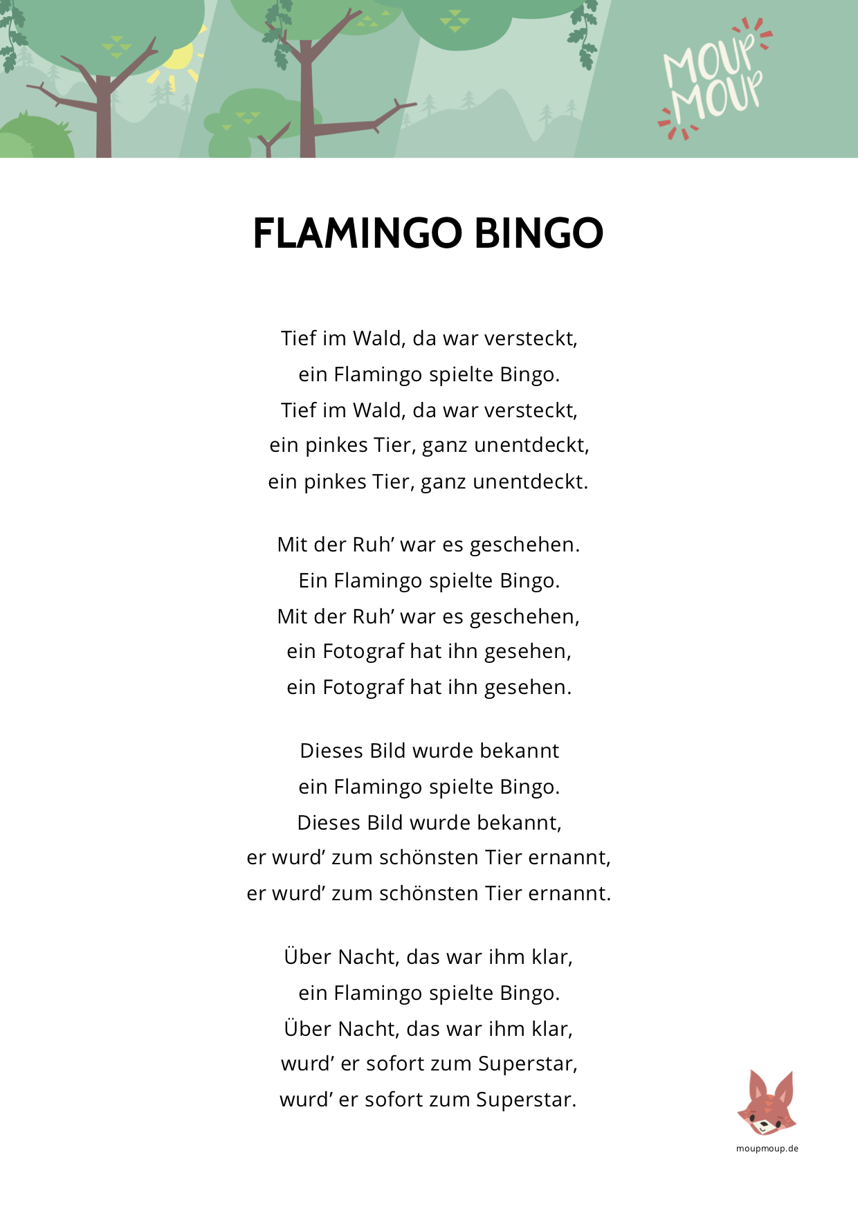 Liedtext zum Ausdrucken: „Flamingo Bingo“